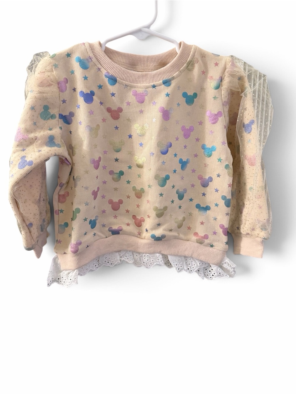 Girls' Cream Puff-Sleeve Sweatshirt with Rainbow Mouse Motif
